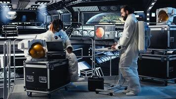Astronauts flying together in starship exploring Mars, seeking extraterrestrial life. Cosmonaut in spacecraft ensuring operational readiness before landing on red planet to test habitability photo