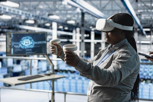 Server room worker using VR gear to accelerate complex AI calculations. Data center engineer using virtual reality technology to analyze datasets, managing infrastructure systems photo