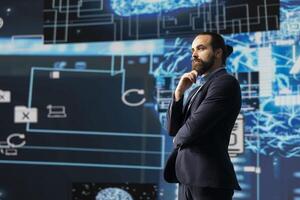 Tech savvy entrepreneur employs AI brain data visualization, exploring algorithmic thinking and machine learning through neural network system. Virtual intelligence in the digital age. photo