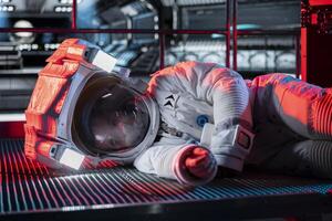 Space traveler lies motionless on floor, affected by low oxygen levels after critical systems shut down. Orbit station red light flashing and crew member passing out from environmental hazard photo