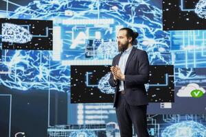 IT engineer hosting public speaking event to present new AI tech tools, highlighting neural networks brain system for automation. Businessman speaker gives pitch for a machine learning idea. photo