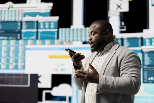 Business director discussing with people on a phone call to examine big data insight, working on infographics monthly reports. Working on new growth strategy, forecasting development. photo