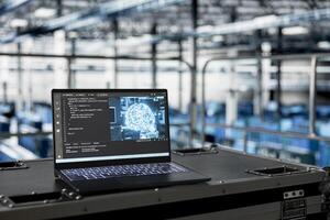 Close up of AI code running on laptop managing server room rigs machines powering networks. Artificial intelligence tech on notebook in data center facility helping process large datasets photo