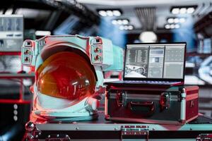 Danger warning lights indicating accident in spacecraft cockpit. Error red light in spaceship shuttle over space helmet next to device displaying scientific research analytics photo
