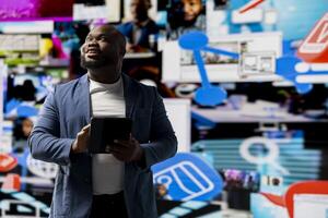 High tech black person connecting on web platforms with vibrant digital interfaces and data visualizations, showcasing mobile networking engagement. Social media web experience. photo