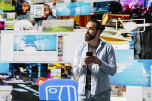 Content creator manages mobile notifications and visual storytelling, engaging with social trends and showcasing creativity and impact in the connected digital world. Brand voice. photo