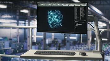 PC monitor on data center industrial platform displaying hardware status for AI training workflows. Workstation screen tracking servers processing machine learning datasets in industrial environment photo