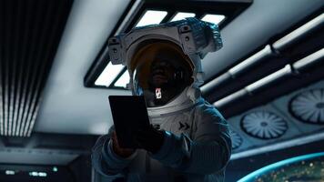 Cosmonaut verifying navigation coordinates on tablet, preparing for planetary mission outside. Astronaut conducting safety checks before beginning landing procedures on solar system planet, camera B photo