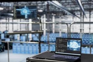 Close up of AI powered script running on laptop in server room built for digital storage systems. Artificial intelligence technology on notebook in data center facility helping power online services photo