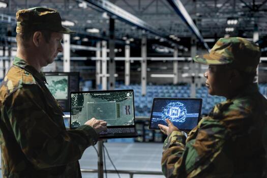 Team of army experts in data center analyzing missiles flight paths with deep learning tools. Military units in server room mapping missile threat zones using AI surveillance platforms photo