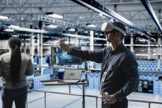 Server room worker visualizing server architecture using VR gear in AI data center. Data center engineer using virtual reality tech and artificial intelligence to do infrastructure diagnostics photo