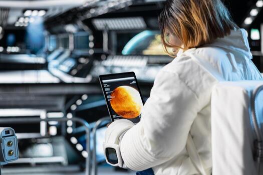 Close up of astronaut in orbital station analyzing Mars planetary metrics using tablet. Crew member in spaceship doing red planet desert surface research using device to assist planetary exploration photo