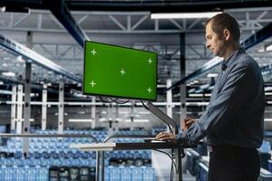 Data center admin using green screen PC to do programming, optimizing resource allocation. Man in server room uses mockup computer, upgrading components for increased processing and storage capacity photo