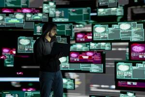 Professional spy compromising cyber security through malware and viruses, digital threat of hacking with unauthorized intrusion into secure networks. Leading to quantum threat and risk. photo