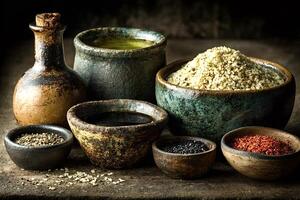 Sesame seeds, oil, paste, and spices in rustic bowls photo