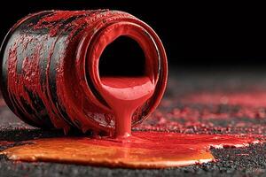 Red paint spilling from a messy can on a black surface photo