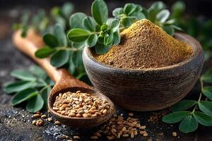 Fenugreek powder in bowl with seeds and leaves on rustic background photo