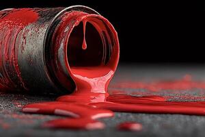 Red paint pouring from a can onto a surface photo