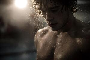 Wet athlete resting after intense training under shower photo
