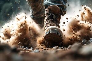 Soldier running and kicking up dust and rocks photo