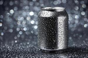 Refreshing soda can covered with condensation on sparkling background photo