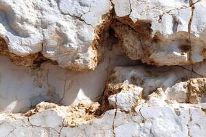 White chalk cliff face is slowly crumbling, showing brown underlayers photo