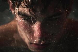 Wet athlete emerging from dark water with intense focus photo