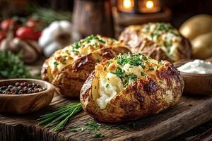Delicious jacket potatoes with chives, cheese, and sour cream on rustic wooden board photo