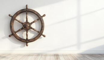 Wooden ship's wheel on white wall. Sunlight casts shadows photo