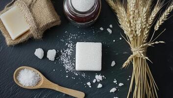 Natural soap, sugar, and salt on dark slate photo