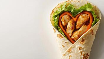 Heart-shaped chicken and pepper wrap on a white background photo