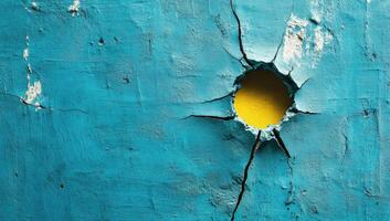 Cracked teal wall with a yellow hole photo