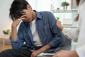 Man hold hand in front of private parts feeling discomfort and consult doctor. Venereal, testicular cancer. bladder problems, erectile dysfunction. premature ejaculation photo