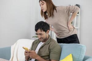Double dating, husband use phone for call somebody, have a fling, Bit on the side , Commit adultery ,Polygamy, husband was having an affair. family problem, infidelity, divorce, separate. photo