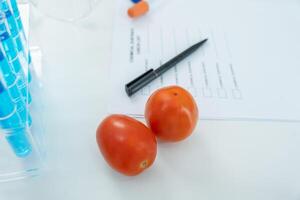 Chemical substance check list for chemical food residues in laboratory. Control experts inspect quality of fruits, vegetables. lab, find prohibited substances, contaminate, Microscope. Microbiologist photo