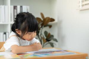Happy children read book at home. daughter and reading a story. learn development, childcare, laughing, education, storytelling, practice, imagine, reduce addiction mobile phone photo