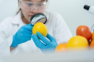 Scientist magnifying glass to check physical occur from chemical on fruit and vegetable residues in laboratory. inspect the concentration of chemical residues, standard, find prohibited substances photo