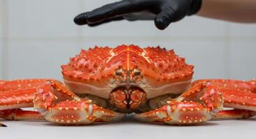 A person wearing gloves is touching a crab photo