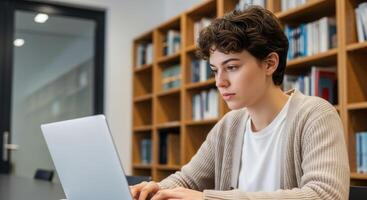A woman is sitting at a table with a laptop photo