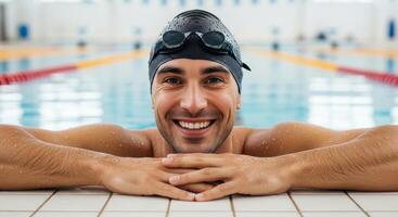 Happy young man in a swimming cap and goggles looking at camera from the pool. Ideal for illustrating recreation, training, and aquatic activities. photo