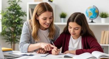 A woman and a girl are working on their homework photo