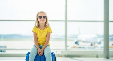 A little girl sitting on a suitcase at an airport photo