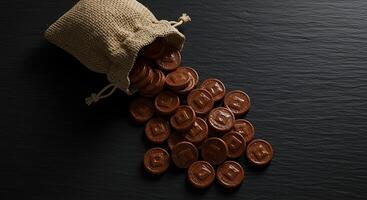 Coins Spilling From a Burlap Sack on Dark Textured Surface with Dramatic Lighting photo