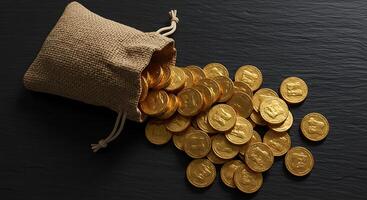 Gold Coins Spilling From a Burlap Sack on a Dark Textured Background photo