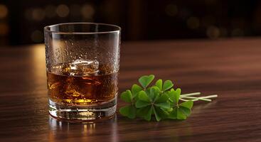 Whiskey Glass with Ice Beside Green Shamrock on Wooden Surface photo