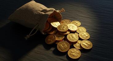 Gold Coins Spilling From a Burlap Sack on a Dark Wood Surface photo