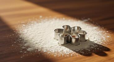 Flower Shaped Cookie Cutter on a Wooden Surface with Flour and Sunlight photo