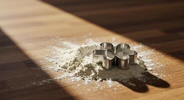 Metal Cookie Cutter and Flour on Wooden Surface Illuminated by Sunlight photo