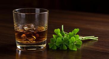 Glass of Whiskey with Ice and Green Shamrock on Wooden Table Setting photo