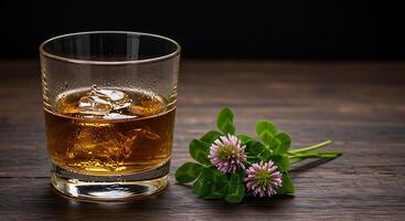 Whiskey Glass with Ice and Floral Clover Arrangement on Wooden Surface Close Up photo